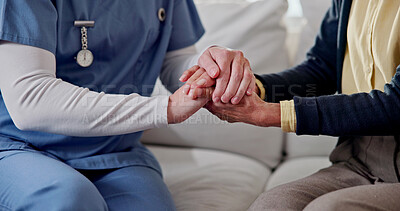 Buy stock photo Empathy, nurse and old person in home with holding hands, support or bonding together with comforting. Compassion, elderly man or caregiver with security, understanding and trust in retirement care.