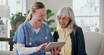 Buy stock photo Nurse, smile and old woman in retirement home with tablet, support and medical report for wellness. Caregiver, talk and senior person on sofa with tech, healthcare assistance and advice for checkup.