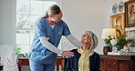 Help, healthcare and nurse with senior woman in home for medical assistance, empathy or bonding. Happy, support and caregiver with elderly patient in retirement for checkup in living room at house.