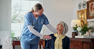 Buy stock photo Help, healthcare and nurse with senior woman in home for medical assistance, empathy or bonding. Happy, support and caregiver with elderly patient in retirement for checkup in living room at house.