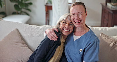 Buy stock photo Support, nurse or old woman in house with portrait, sympathy or bonding with comforting hug. Compassion, elderly person or caregiver with security, happy moment and understanding in retirement care.