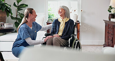 Buy stock photo Caregiver, comfort and home with old woman in wheelchair, support and empathy for recovery. Nurse, laugh and consoling senior person with disability, assisted living and sympathy for rehabilitation