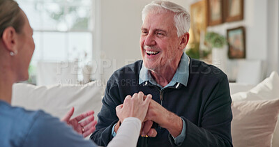 Buy stock photo Smile, caregiver and comfort old man with walking stick, support and compassion for recovery. Nurse, consoling and  senior person with disability, assisted living and rehabilitation progress at house