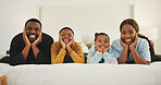 Relax, happy and portrait of family in home for support, bonding or connection together on weekend. Smile, love and African children with mother and father for calm, safety and care in bedroom.