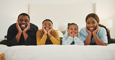 Buy stock photo Relax, happy and portrait of family in home for support, bonding or connection together on weekend. Smile, love and African children with mother and father for calm, safety and care in bedroom.
