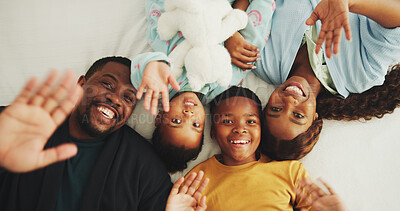 Buy stock photo Selfie, above and portrait of family in home for relax, bonding or connection together on weekend. Happy, love and African children with mother and father for photography picture with memory in house
