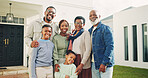 Grandparents, parents and children with portrait for new house, relocation and moving to dream home. African family, outdoor and happy mom, dad and kids with smile, bonding and excited for property