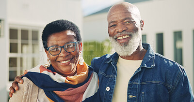 Buy stock photo Outdoor, portrait and senior couple for new house, relocation and moving in to retirement home. Marriage, real estate and black man and woman embrace for bonding, love and happy for property purchase