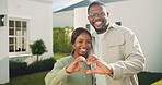 Heart, portrait and couple outdoor for new house, relocation and moving for future together. Happy, real estate and black man and woman with emoji for bonding, love and excited for property purchase