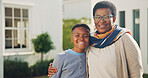 Outdoor, portrait and grandmother with child for new house, relocation and moving to dream home. African family, space and senior woman with boy embrace for bonding, love and happy for property