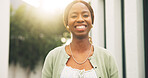 Smile, backyard and portrait of black woman in new home for real estate development, pride and relax. Moving in, property investment and happy with person outdoor for growth, homeowner and security
