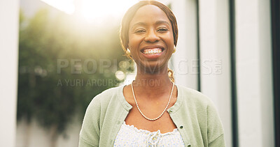 Buy stock photo Smile, backyard and portrait of black woman in new home for real estate development, pride and relax. Moving in, property investment and happy with person outdoor for growth, homeowner and security