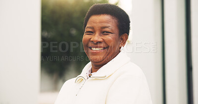 Buy stock photo Smile, outdoor and portrait of black woman in new house for assisted living center, pride and relax. Moving in, retirement home and happy with elderly person in backyard for growth and security