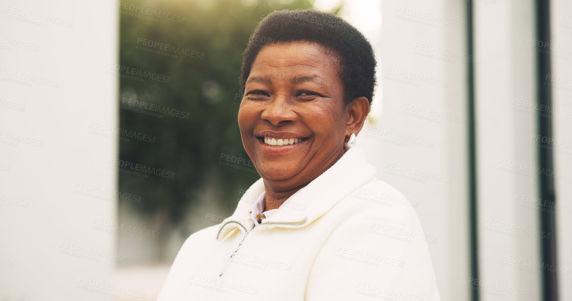 Buy stock photo Smile, outdoor and portrait of black woman in new house for assisted living center, pride and relax. Moving in, retirement home and happy with elderly person in backyard for growth and security