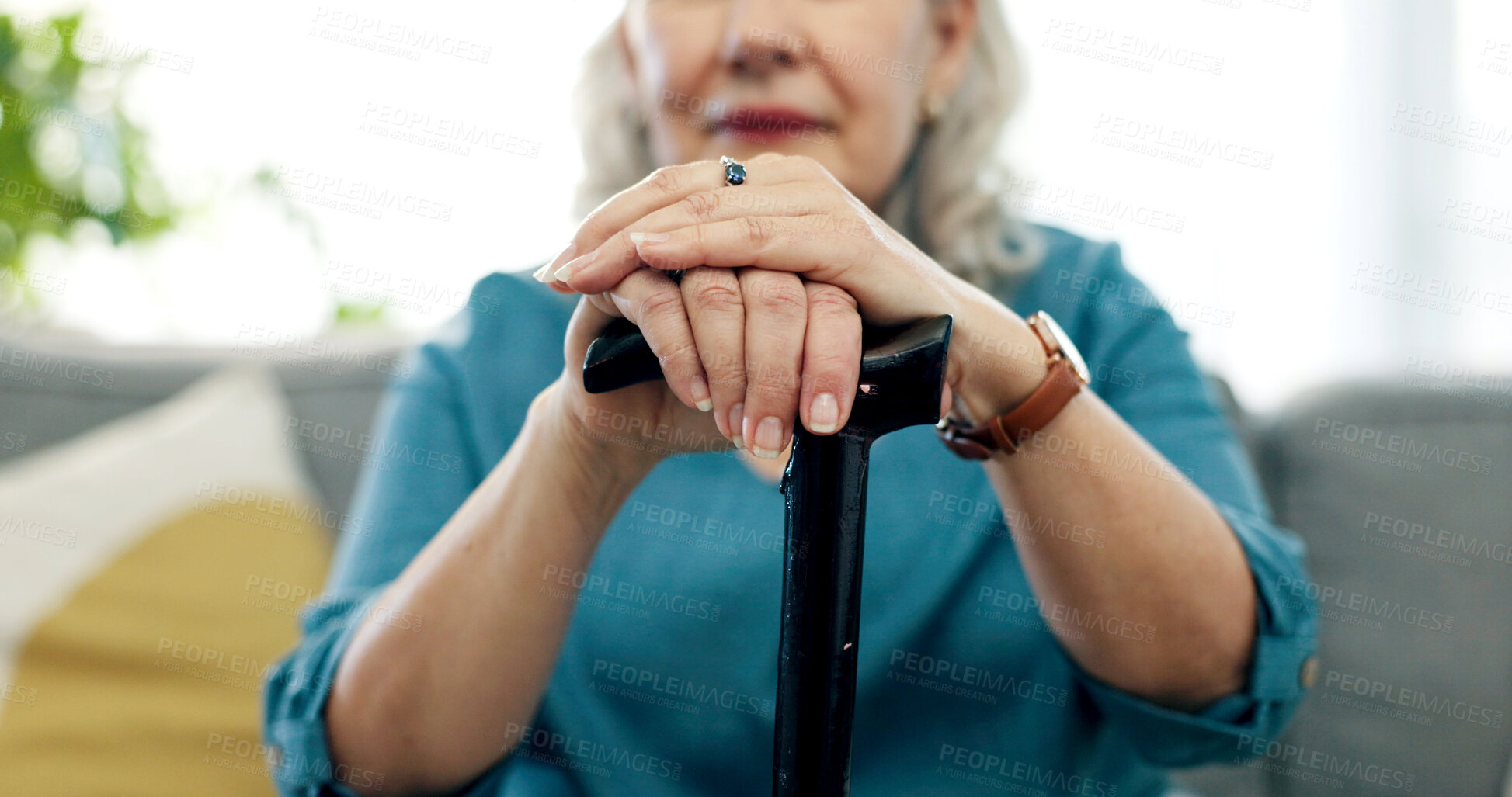 Buy stock photo Nursing home, old woman and hands on walking stick for support, retirement or senior patient on sofa. Assisted living, cane and balance for elderly person with disability, arthritis and parkinson