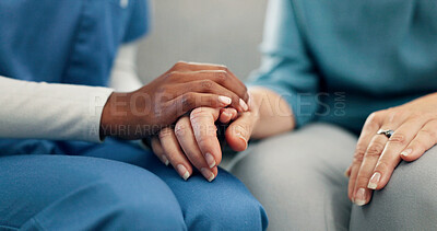 Buy stock photo Nursing home, caregiver and holding hands with old person, support or empathy with gesture in lounge. Assisted living, nurse and comfort for elderly patient, kindness and healthcare services in house
