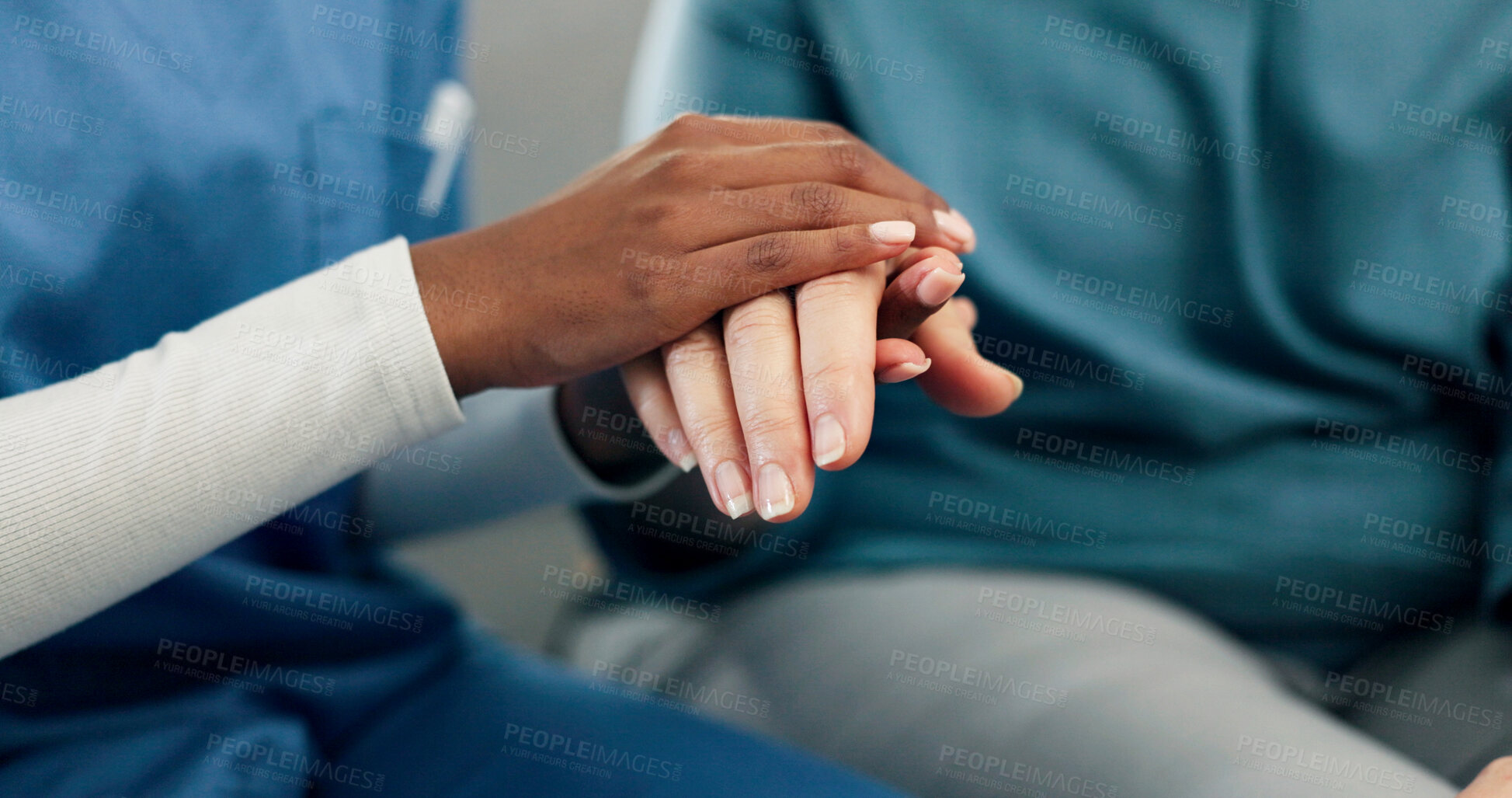 Buy stock photo Nursing home, nurse and holding hands with old person, kindness or compassion with gesture in lounge. Assisted living, caregiver and comfort for elderly patient, help and healthcare services in house