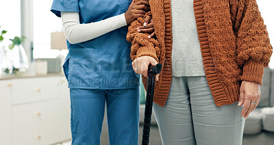 Buy stock photo Senior, woman and caregiver hands with cane, support or assistance for rehabilitation in nursing home. Nurse, help and elderly person with disability, walking stick and injury recovery in retirement