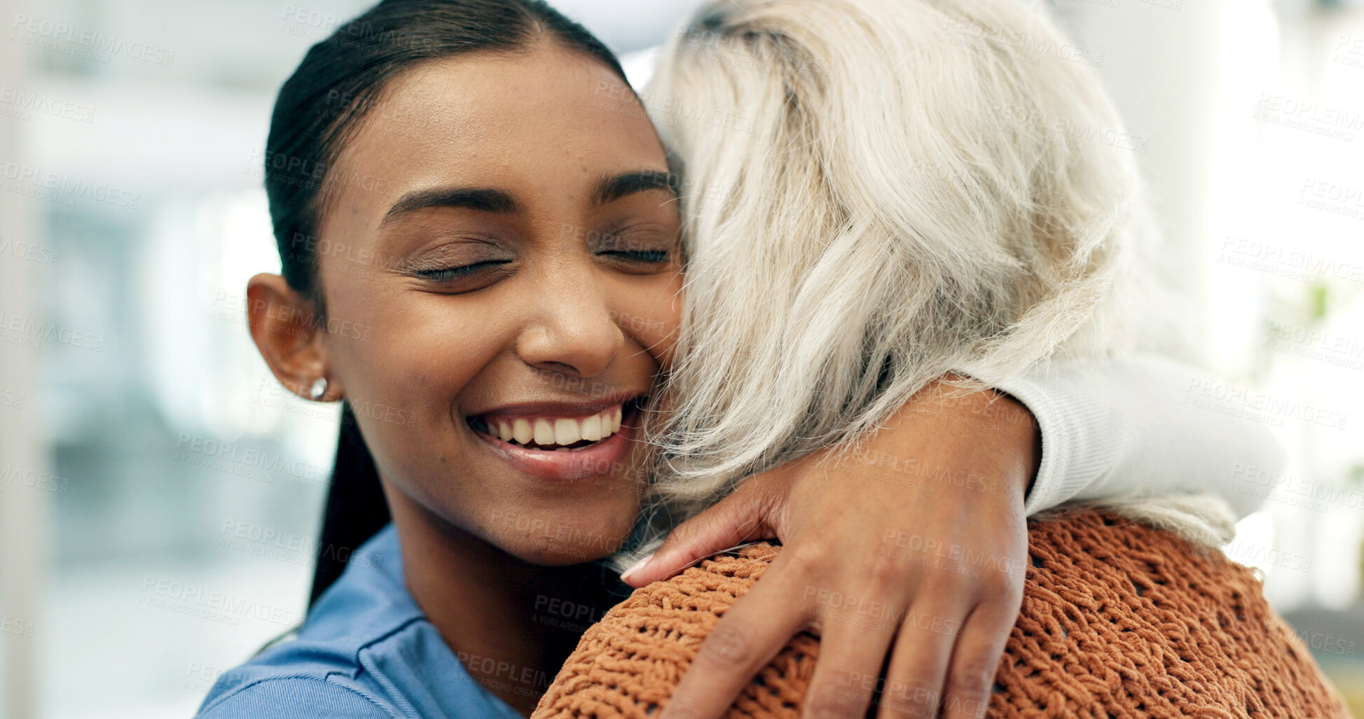 Buy stock photo Senior, woman and caregiver hug in nursing home with smile, healthcare assistance or wellness support. Happy, nurse and elderly person in consultation with embrace, medical help and bonding together.