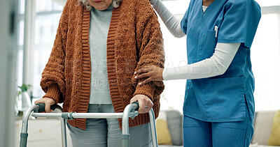 Buy stock photo Elderly, woman and physio hands with walker, support and assistance for rehabilitation in nursing home. Healthcare worker, help and senior person with disability, mobility aid and physical therapy.