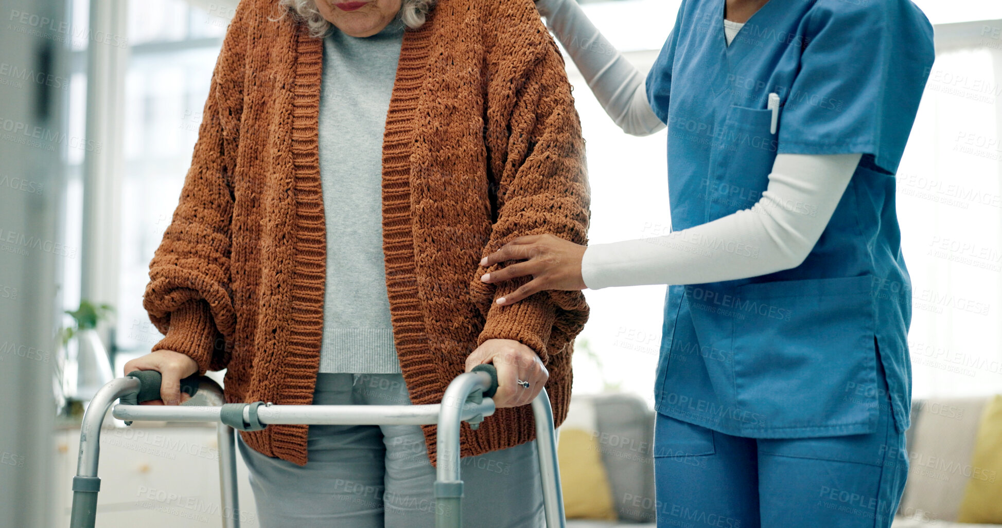 Buy stock photo Elderly, woman and physio hands with walker, support and assistance for rehabilitation in nursing home. Healthcare worker, help and senior person with disability, mobility aid and physical therapy.