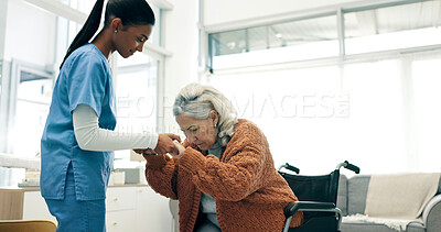 Buy stock photo Wheelchair, physio and old woman holding hands for support, help or rehabilitation in nursing home. Healthcare worker, assistance and senior person with disability, physical therapy and recovery.