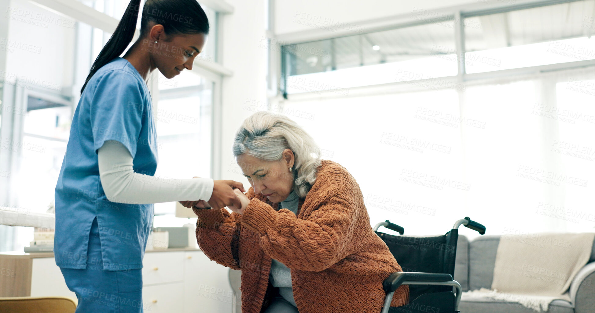 Buy stock photo Wheelchair, physio and old woman holding hands for support, help or rehabilitation in nursing home. Healthcare worker, assistance and senior person with disability, physical therapy and recovery.