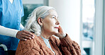 Caregiver, support and old woman in wheelchair, clinic and elderly patient with memory and wellness. Nurse, empathy and senior person with disability, thinking and healthcare services in hospital