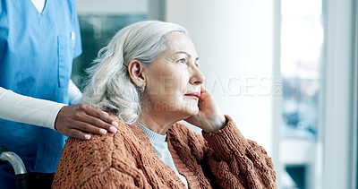Buy stock photo Caregiver, support and old woman in wheelchair, clinic and elderly patient with memory and wellness. Nurse, empathy and senior person with disability, thinking and healthcare services in hospital
