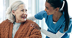 Trust, happy nurse and senior woman in home for homecare, assisted living and healthcare service. Smile, comfort and elderly person with caregiver in house for support, medical advice and retirement
