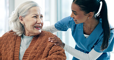 Buy stock photo Trust, happy nurse and senior woman in home for homecare, assisted living and healthcare service. Smile, comfort and elderly person with caregiver in house for support, medical advice and retirement