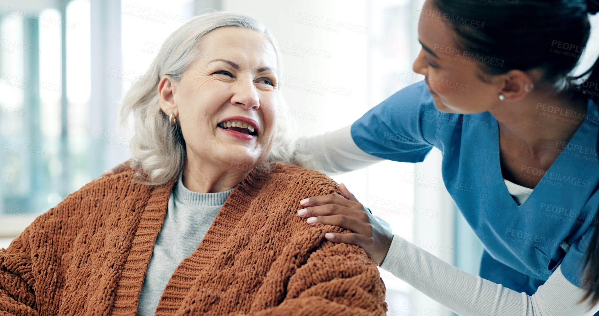 Buy stock photo Trust, caregiver and senior woman in home for assisted living, laughing and healthcare service. Smile, comfort and elderly person with nurse in house for support, medical advice or joke in retirement