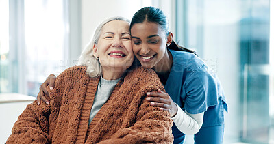Buy stock photo Trust, caregiver and hug with old woman in home for assisted living, smile and healthcare service. Embrace, comfort and elderly person with nurse in house for medical support, happiness or retirement
