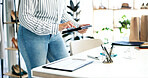 Clipboard, tablet and hands of woman in store for ecommerce order with email confirmation. Checklist, digital technology and female fashion designer with information for online purchase in boutique.