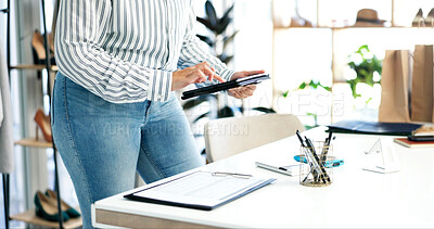 Buy stock photo Clipboard, tablet and hands of woman in store for ecommerce order with email confirmation. Checklist, digital technology and female fashion designer with information for online purchase in boutique.