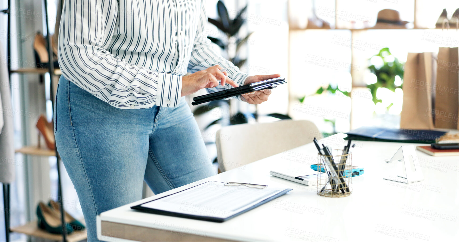 Buy stock photo Clipboard, tablet and hands of woman in store for ecommerce order with email confirmation. Checklist, digital technology and female fashion designer with information for online purchase in boutique.