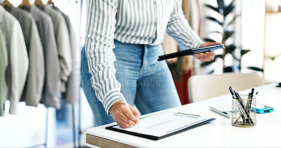Buy stock photo Clipboard, tablet and hands of woman writing in store for ecommerce order with email confirmation. Checklist, digital technology and fashion designer with information for online purchase in boutique.