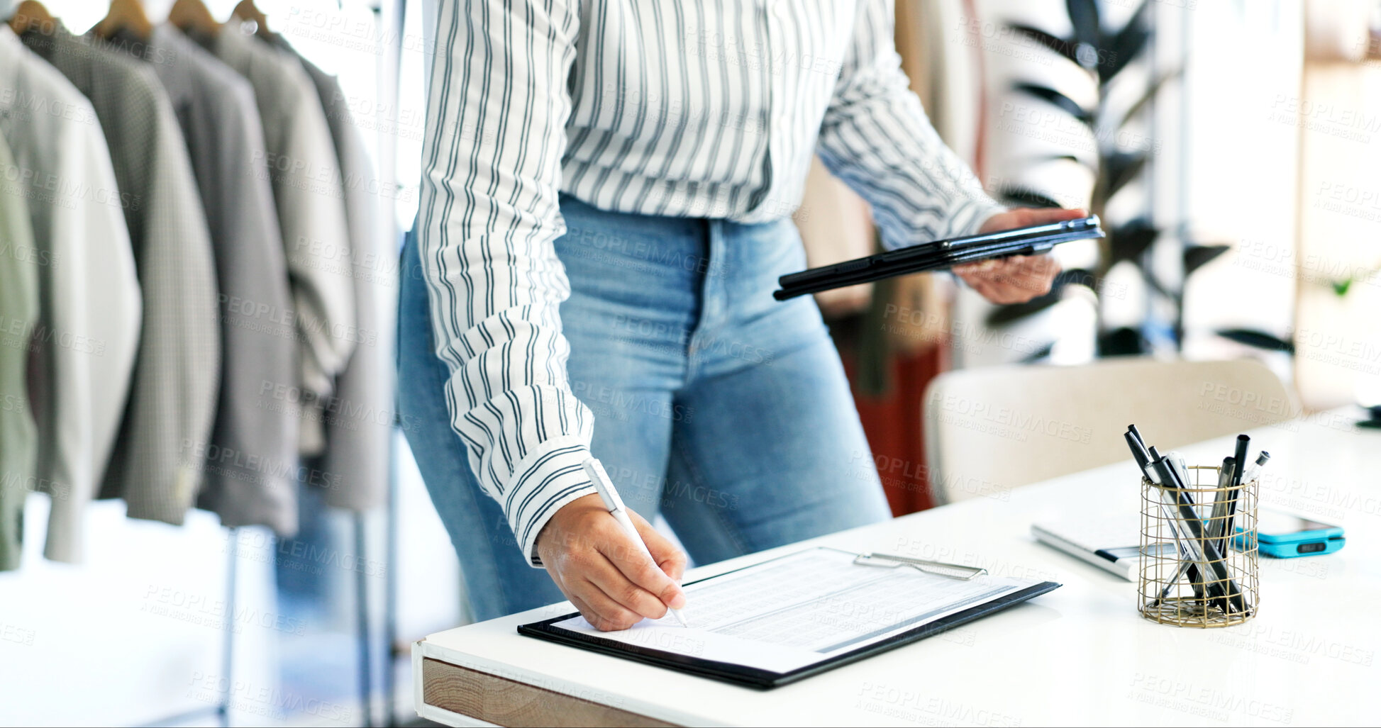 Buy stock photo Clipboard, tablet and hands of woman writing in store for ecommerce order with email confirmation. Checklist, digital technology and fashion designer with information for online purchase in boutique.