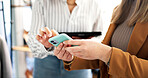 Hands, woman and phone at boutique for shopping, ecommerce and catalog with clothing. People, reading and customer with mobile app in store for browsing website, information and discount for fashion