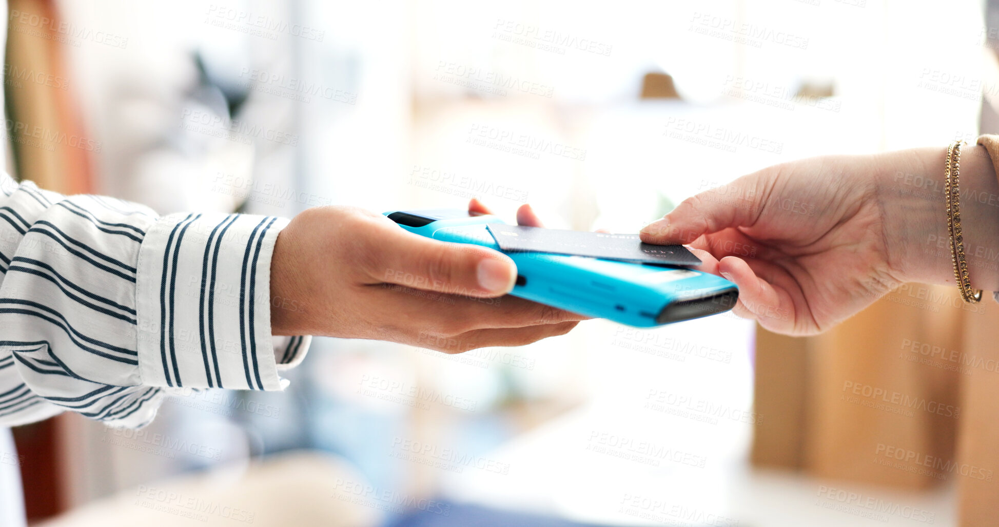 Buy stock photo Credit card, machine and hands of worker with customer in store for shopping, purchase or pos. Debit, checkout and employee with consumer for loyalty points, payment or transaction in boutique.
