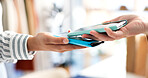 Phone, machine and hands of worker with customer in store for shopping, purchase or electronic pos. Technology, checkout and employee with consumer for loyalty points, app or wireless transaction.