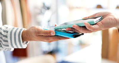 Buy stock photo Phone, machine and hands of worker with customer in store for shopping, purchase or electronic pos. Technology, checkout and employee with consumer for loyalty points, app or wireless transaction.