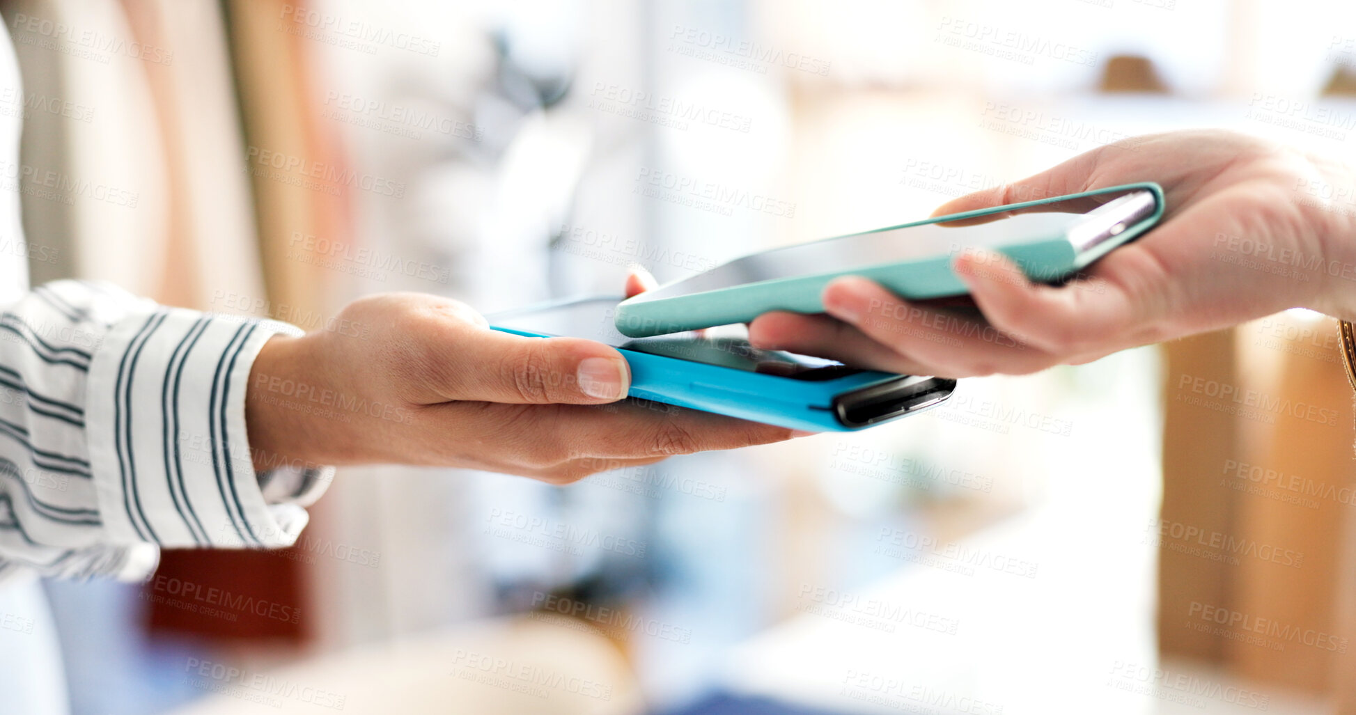 Buy stock photo Phone, machine and hands of worker with customer in store for shopping, purchase or electronic pos. Technology, checkout and employee with consumer for loyalty points, app or wireless transaction.