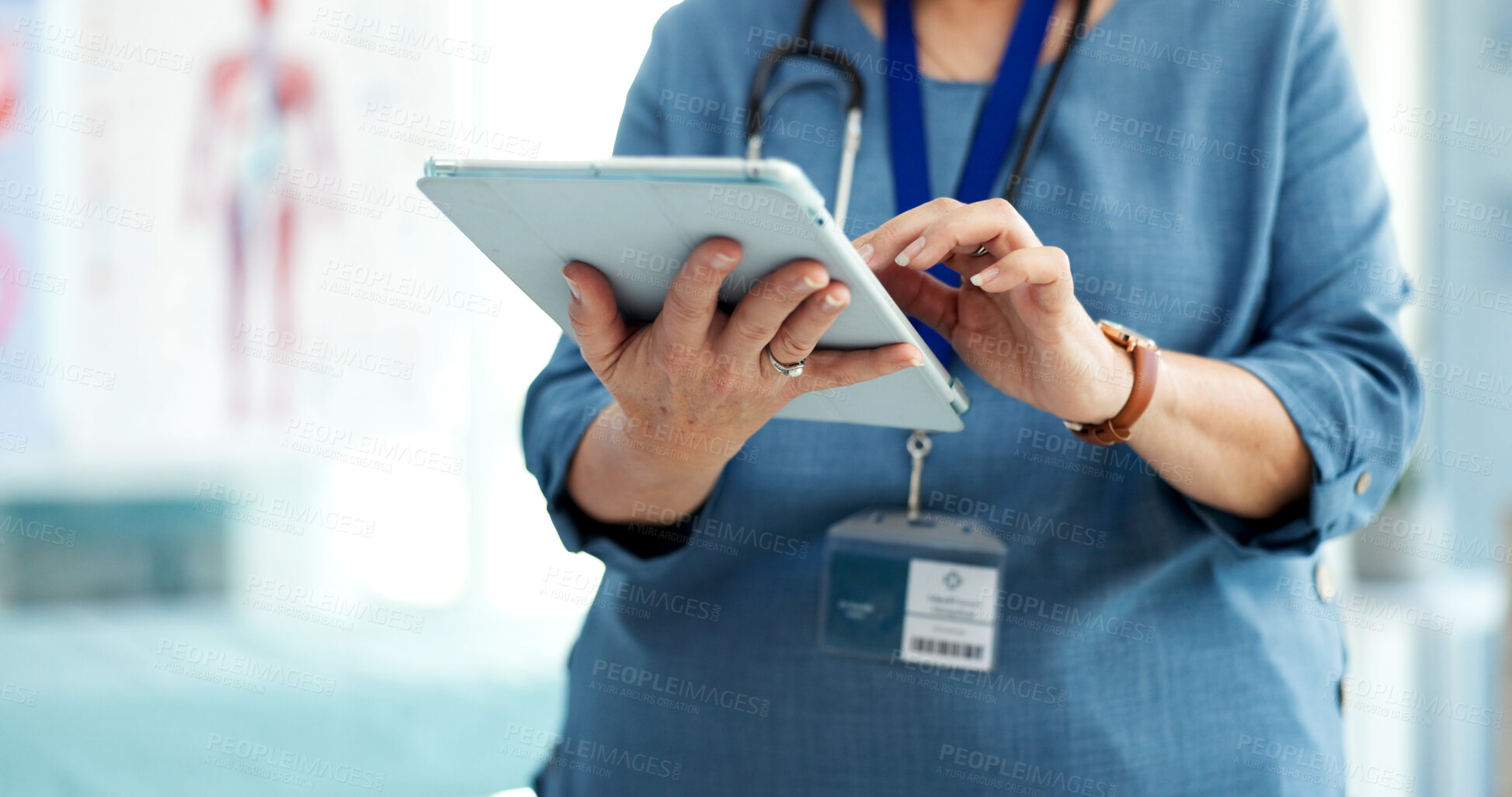 Buy stock photo Doctor, typing and hands with tablet, healthcare and patient records updates on website in hospital. Health specialist, medical research and person with computer, online and scroll treatment plan