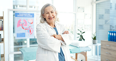 Buy stock photo Portrait, happy and mature doctor for healthcare, medical career and pulmonary service in clinic. Specialist, hospital and woman with crossed arms for wellness, medicare and lung disease consultant