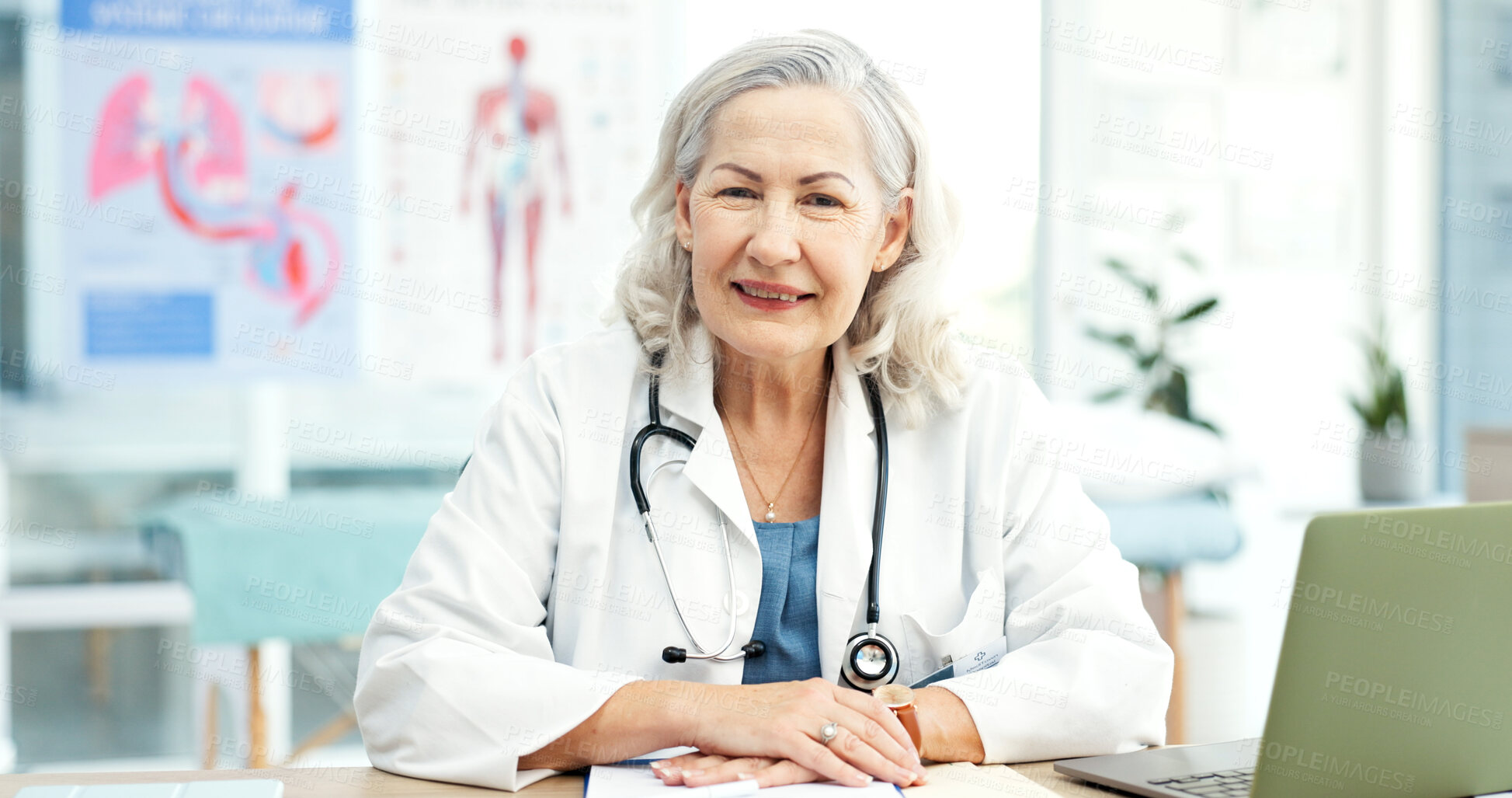 Buy stock photo Portrait, doctor and mature woman in office with laptop, medical research and smile for experience. Happy, person and computer in clinic with pride, healthcare service and expertise for patient care.