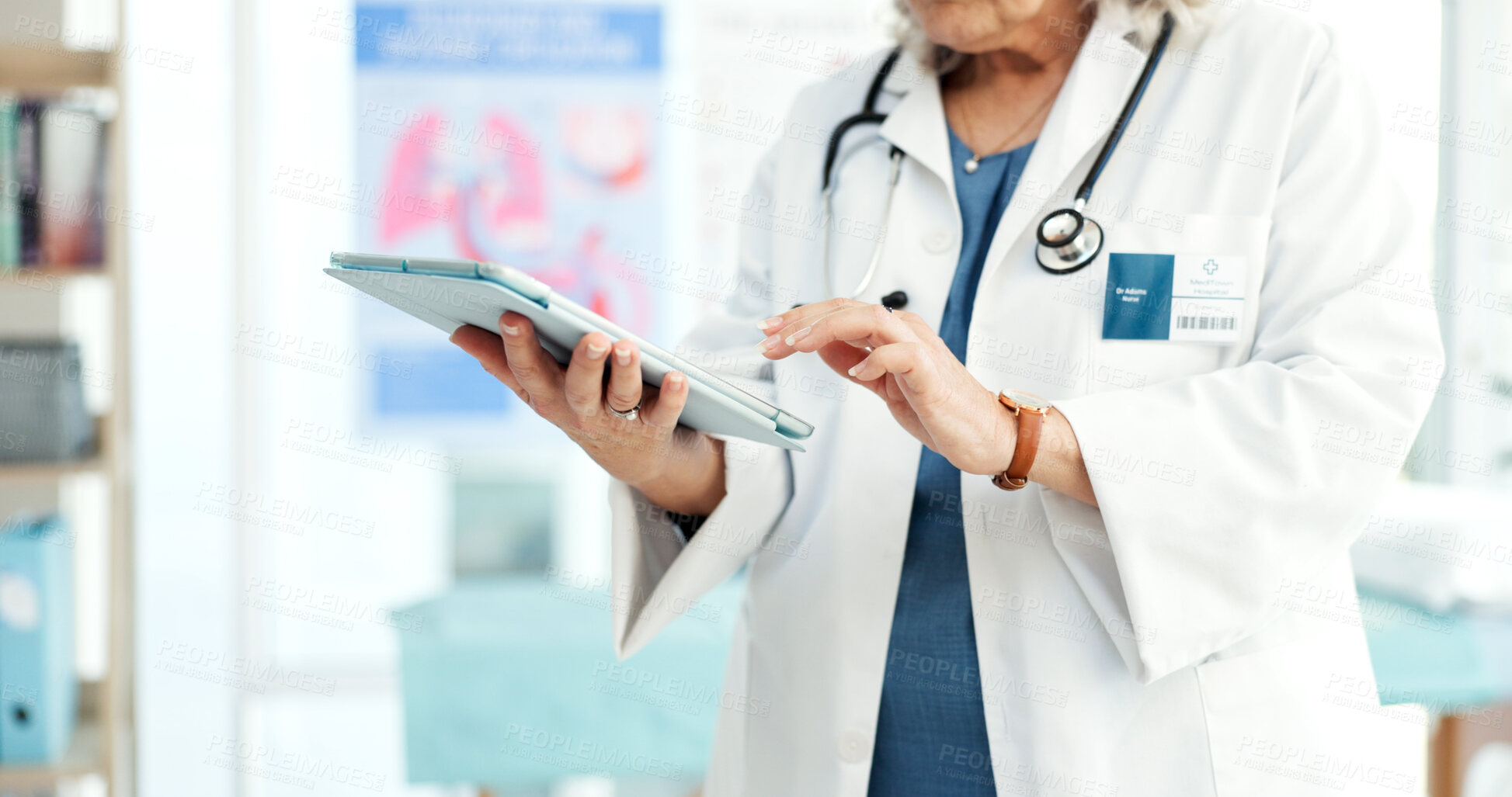 Buy stock photo Wellness, doctor and hands with tablet in office, typing and patient records update and information. Healthcare professional, medical research and person with tech, online or treatment plan in clinic