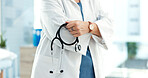 Stethoscope, crossed arms and hands of doctor for hospital, medical career and pulmonary service. Specialist, clinic and person with equipment for wellness, healthcare and consultant for lung disease