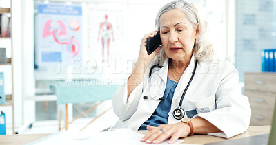 Buy stock photo Woman, doctor and talk in office with phone call, discussion or consulting for medical results. Mature person, mobile and consultation in hospital for telehealth, contact patient and diagnosis update