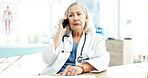Woman, doctor and talk in hospital with phone call, discussion or consulting for medical results. Mature person, mobile and consultation in office for telehealth, contact patient and diagnosis update